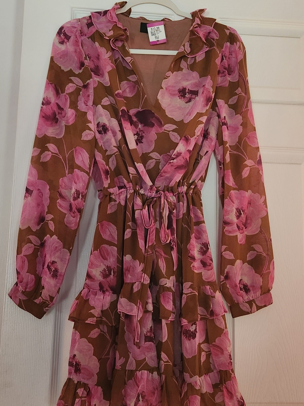 Vici Pink Floral Ruffle Wrap Midi Dress on Brown